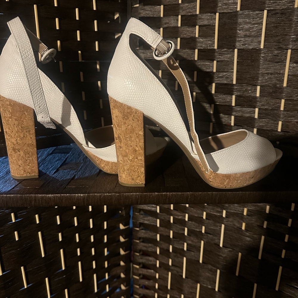 White Cork Heel Sandals